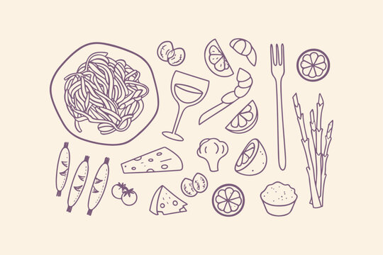 Hand-drawn elements for a mediterranean meal: pasta cheese shrimp bananas fruits with illustration spaghetti asparagus vegetables refreshment tableware appetizer restaurant mealtime