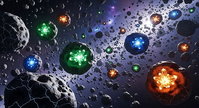 Colorful 3D Rendered Asteroids and Planets in Space with Nebula Background. astroid belt