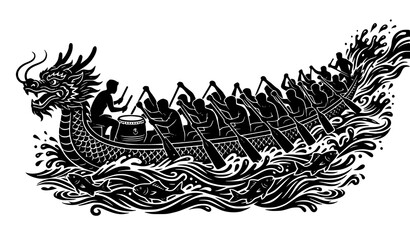 Traditional Chinese dragon boat race vector illustration with longboat team paddling through crashing waves and drummer pacing the rowers for festival background © Hosneara