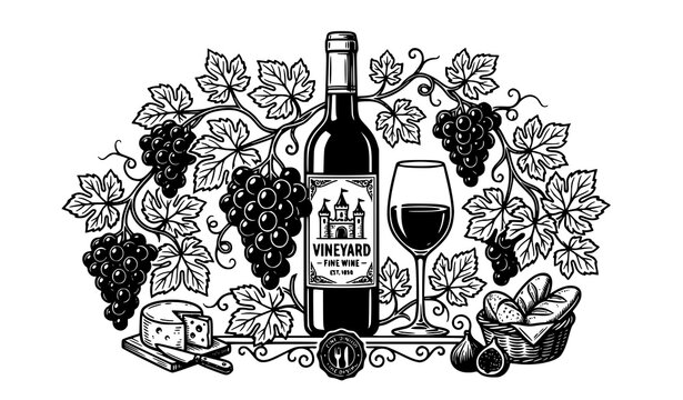Red wine bottle and glass engraving style vector illustration with grapes grapevines cheese and bread for vineyard winery label or menu design background