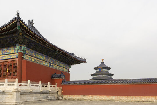 View of the Temple of Heaven showing the Hall of Prayer for Good Harvests and traditional red walls Beijing, Beijing, China.