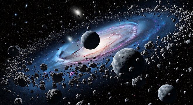 Asteroid belt and galaxy in deep space, cosmic background with planets and stars. astroid belt