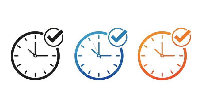 Clock icons with checkmarks in black blue and orange isolated on transparent background, Vector