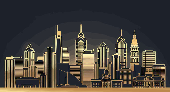 Philadelphia Skyline Golden Outline Illustration Modern Cityscape.