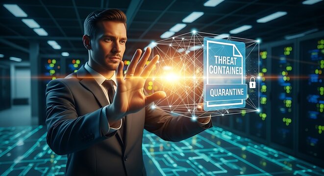 Threat containment concept. A security professional's hands 'lock' a holographic file inside a 'cage' of light, representing threat containment or quarantine.