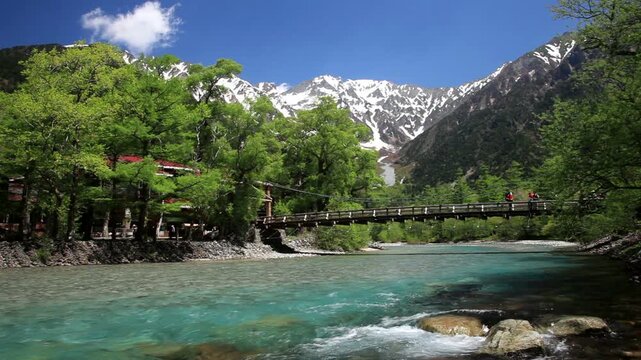 上高地河童橋と穂高連峰