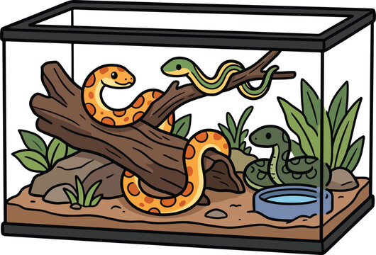 Cute Pet Snakes in Terrarium Illustration