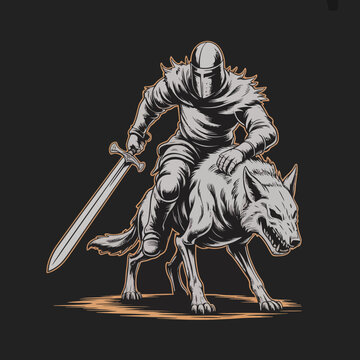 Knight Riding Wolf with Sword.