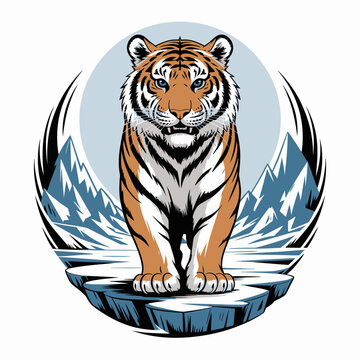 Tiger standing on ice looking forward.