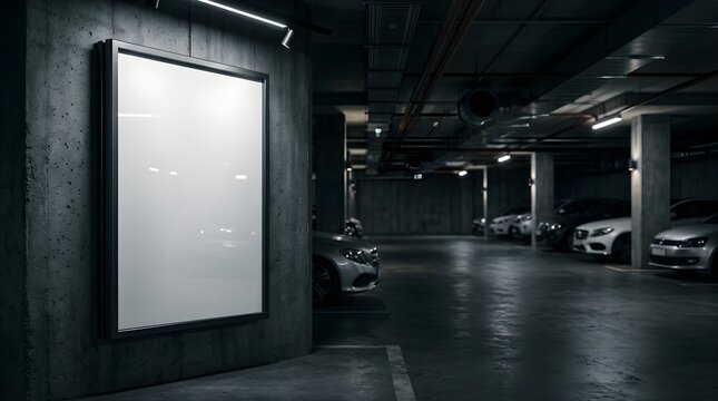 Blank vertical display board on a concrete pillar in a dark parking garage
