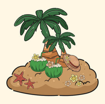 Illustration of beach coconut tree coconut fruit beach hat beach icon beach sand
