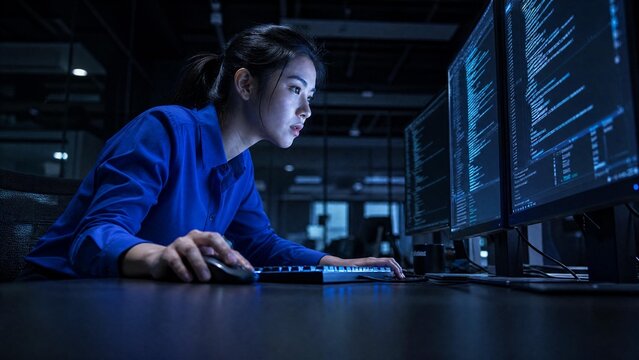 Professional Female Software Engineer Working on Multiple Monitors in a High-Tech Dark Office Environment