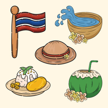 Illustration of thailand country icon flag beach hat mango sticky rice young coconut beach icon
