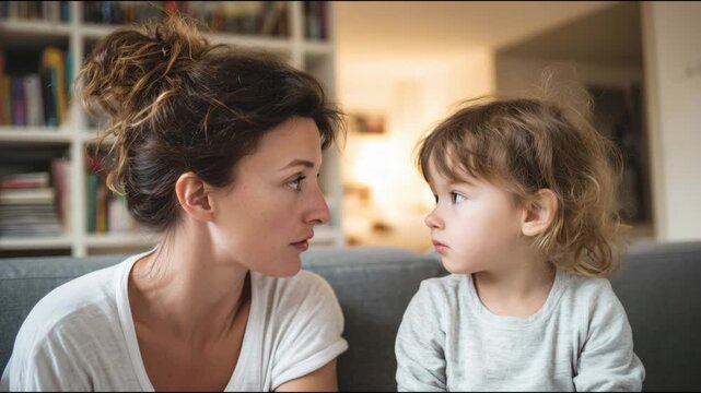 Candid moment of a mother talking face-to-face with her young daughter on a couch at home