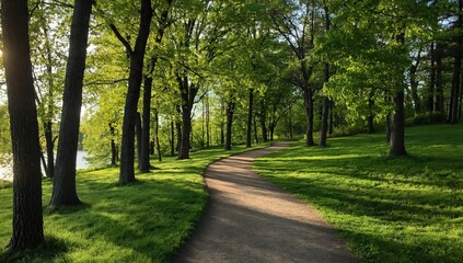 Fototapeta premium Path through sunlit park with lush green trees and soft grass in bright spring landscape