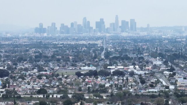 Suburb of Compton California With DTLA City Skyline Drone Aerial Footage
