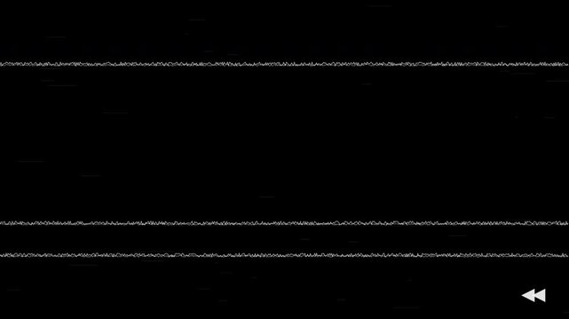 Retro VHS Glitch Effect with Rewind Symbol and Horizontal Noise Lines on Black Background 4k video