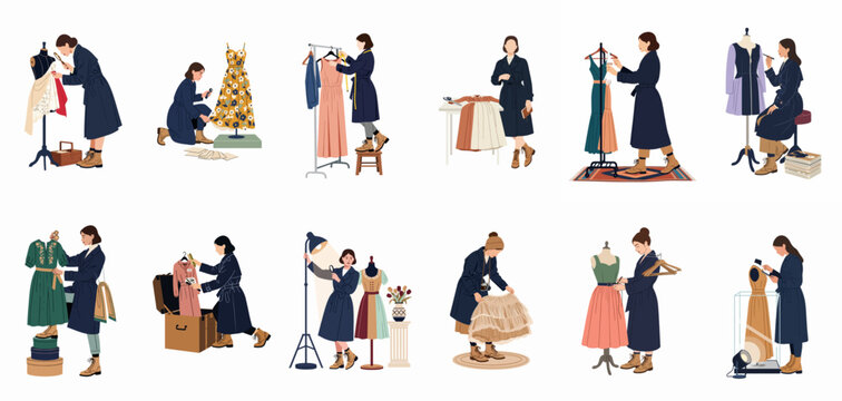 Set of illustrations depicting a female fashion curator and archivist working with vintage dresses, restoration, and collection management in a museum or studio.