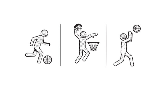 Illustrated basketball actions and fundamental movements guide.