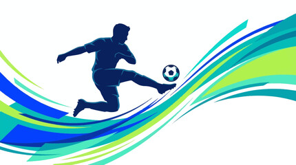 Obraz premium Silhouette of soccer player kicking ball with dynamic colorful wave design