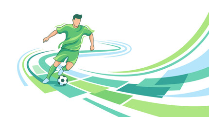 Obraz premium Professional soccer player kicking ball with dynamic green motion lines