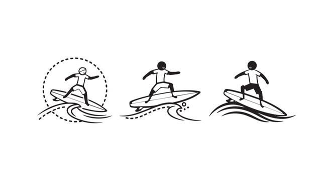 Illustrated progression of a surfer riding waves confidently.