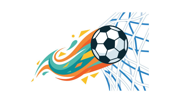 Dynamic soccer ball with flame and net graphic illustration for sports design