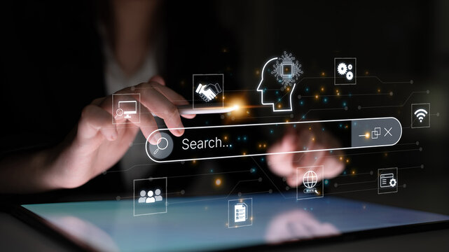 Artificial intelligence AI search concept enabling smarter discovery, recommendations to digital services and knowledge. Generative AI search engine algorithm provide user intent result. Corpus