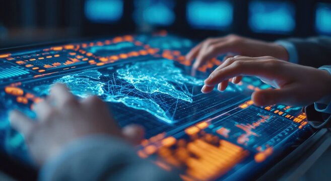 Technology operator analyzing digital global data map interface in futuristic control room