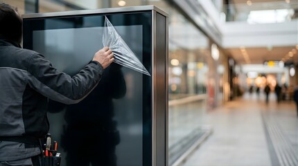 Obraz premium Worker removing protective film from a blank digital display in a mall