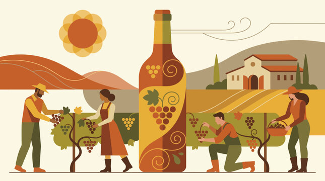 People harvesting grapes for wine production.
