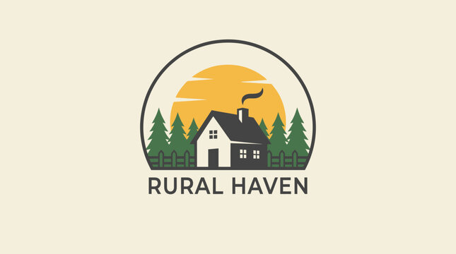 Rural house logo with trees and sun.