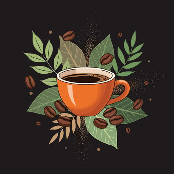 A cup of coffee surrounded by coffee beans and leaves on a black background.