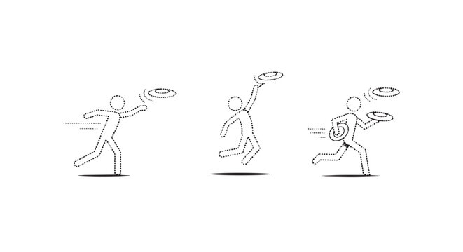 Illustrated figures playing frisbee in dynamic action poses.