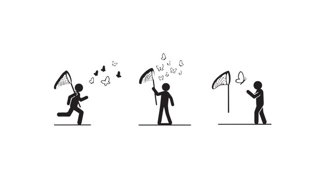 Three cartoon stages of person holding scythe progression.