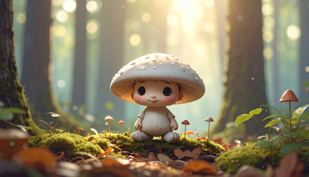 Cute Mushroom Character in Forest
