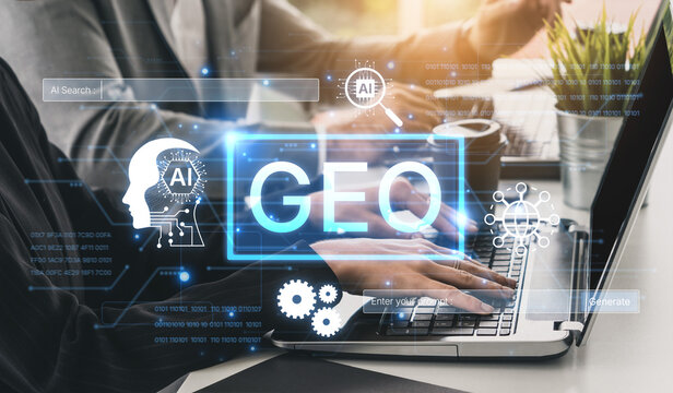 Digital marketing concept featuring GEO strategy. Generative AI search visual shows GEO interface integrating intelligence, logic, and AI input system for prompt tasks. Corpus
