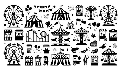 Modern amusement park silhouette icon set with circus tent ferris wheel carousel and carnival ride vector illustration © MdSakib