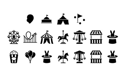 Minimal carnival and amusement park silhouette icon collection with ferris wheel circus tent and ride vectors © MdSakib