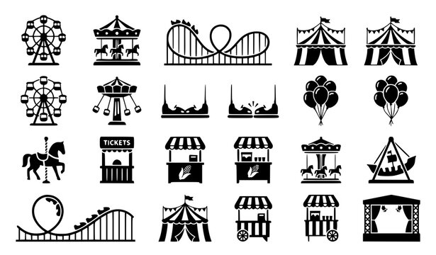 Amusement park and carnival silhouette icon set with circus tent ferris wheel and carousel vector collection