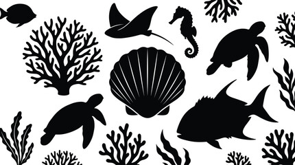 Marine Life Silhouette Vector Collection with Sea Turtle Coral Shell Seahorse and Tropical Ocean Animals © SreePoreshChandra