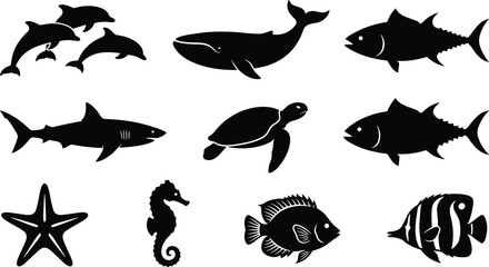 Ocean Animal Silhouette Vector Set Featuring Dolphin Whale Shark Turtle Seahorse and Tropical Marine Fish Collection © SreePoreshChandra