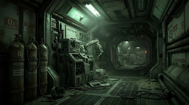 Futuristic Abandoned Space Station Corridor with Industrial Equipment
