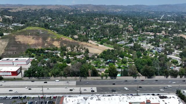 Interstate Freeway and Suburbs Calabasas California Drone Aerial View
