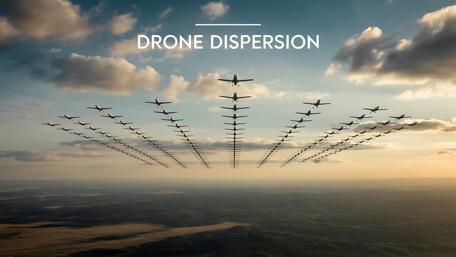 A squadron of drones disperses in formation against a cloudy sky backdrop.
