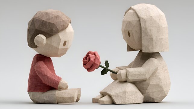 A charming miniature boy presents a single rose to a seated girl, both figures rendered in a low poly, origami inspired style on plain background.