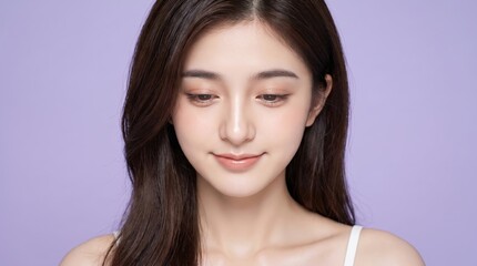 Fototapeta premium 紫色の背景で優しい笑顔を見せる透明感のある肌の美しいアジアの若い女性、スキンケアと美容のポートレート