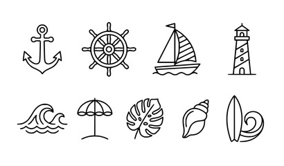 Elegant nautical beach line icon vector set with minimalist ocean and seaside symbols © MdHacib