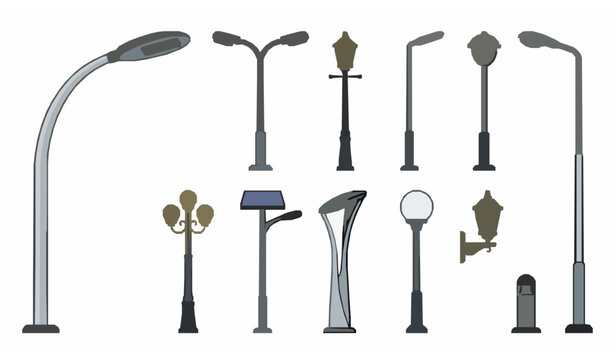 Modern street light icon vector collection with urban lamp pole symbols isolated on white background