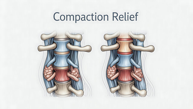 The spine receives compaction relief through a medical procedure on two human vertebrae.